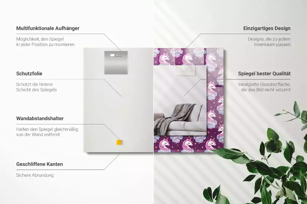 Oglindă dreptunghiulară cu ramă imprimată cu inscripție și model cu stele și unicorni