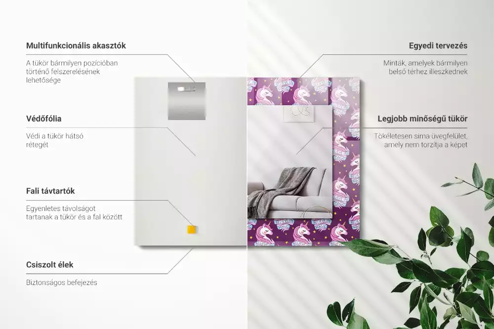 Oglindă dreptunghiulară cu ramă imprimată cu inscripție și model cu stele și unicorni