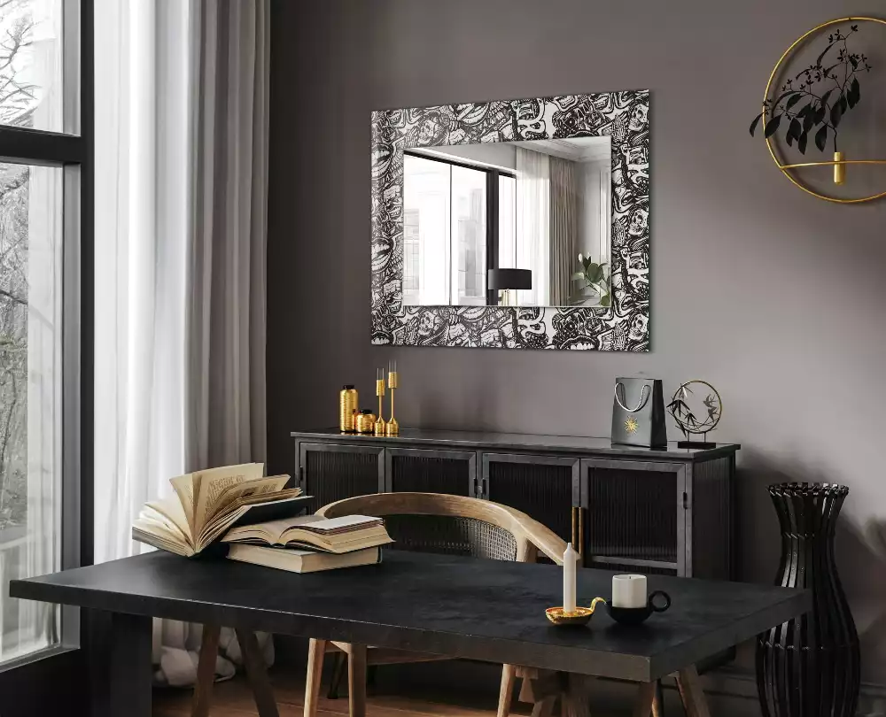 Oglindă decorativă de perete dreptunghiulară cu model alb-negru