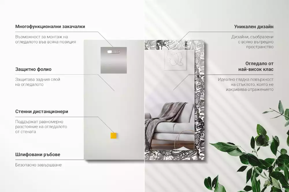 Oglindă decorativă de perete dreptunghiulară cu model alb-negru