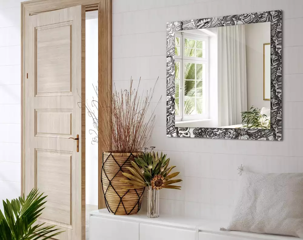 Oglindă decorativă de perete dreptunghiulară cu model alb-negru