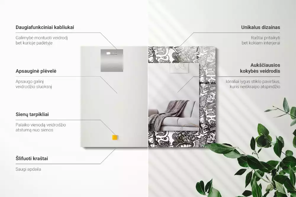 Oglindă decorativă de perete dreptunghiulară cu model alb-negru