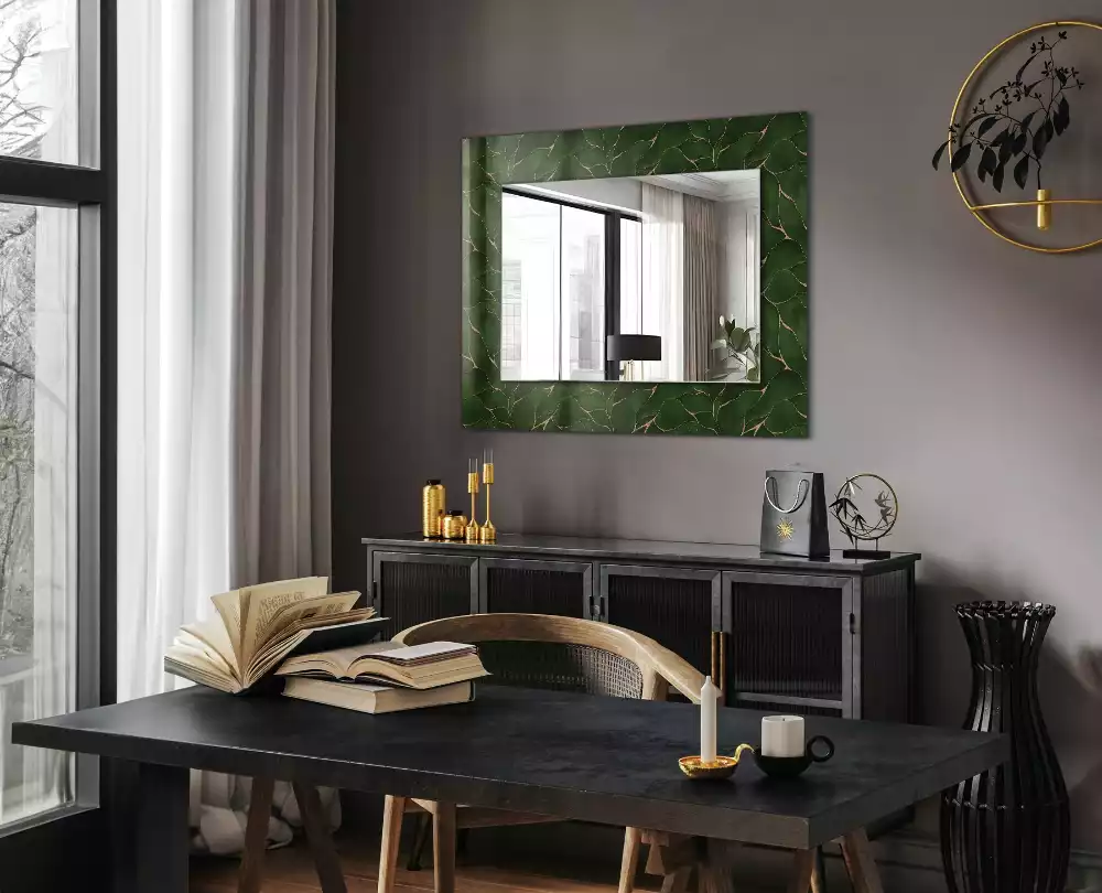 Oglindă dreptunghiulară cu decor cu frunze verzi