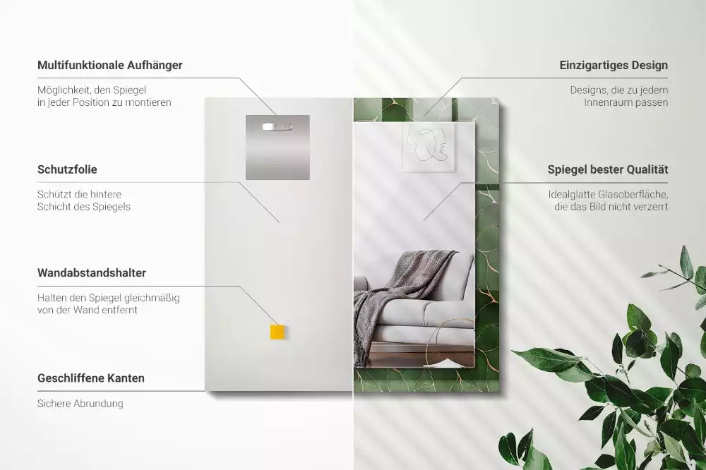 Oglindă dreptunghiulară cu decor cu frunze verzi