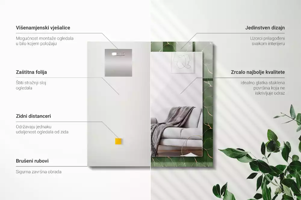 Oglindă dreptunghiulară cu decor cu frunze verzi