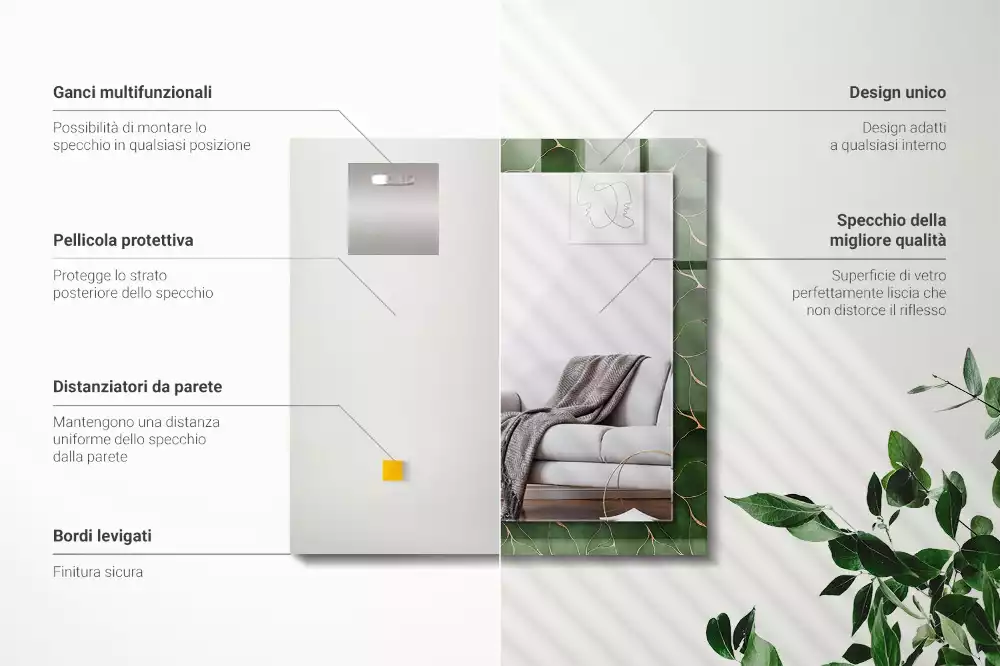 Oglindă dreptunghiulară cu decor cu frunze verzi