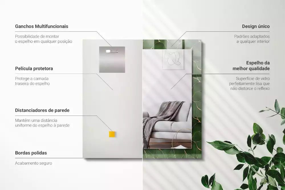Oglindă dreptunghiulară cu decor cu frunze verzi