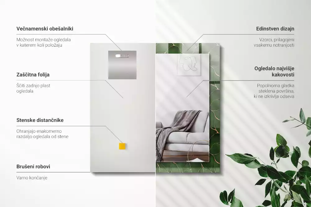Oglindă dreptunghiulară cu decor cu frunze verzi
