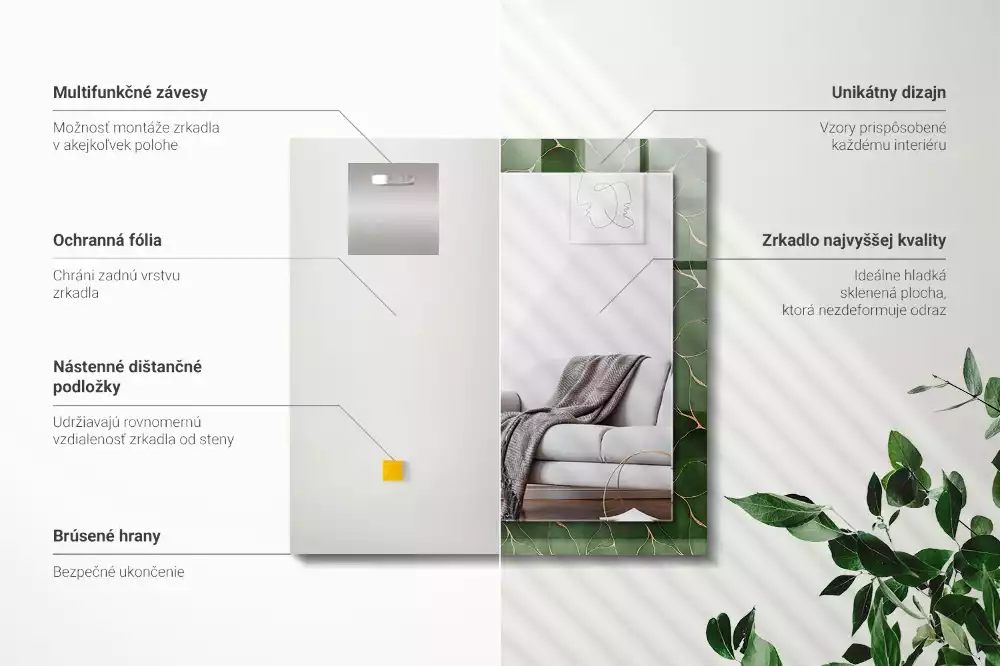 Oglindă dreptunghiulară cu decor cu frunze verzi