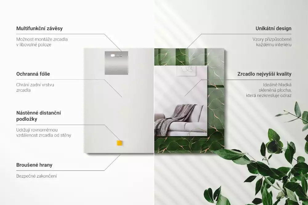 Oglindă dreptunghiulară cu decor cu frunze verzi