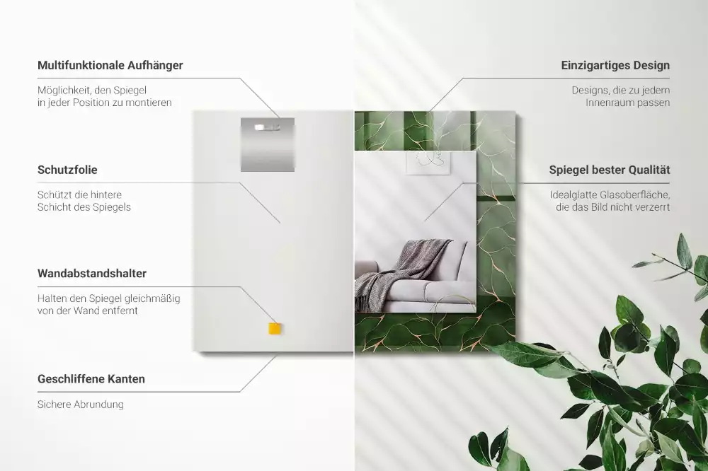 Oglindă dreptunghiulară cu decor cu frunze verzi