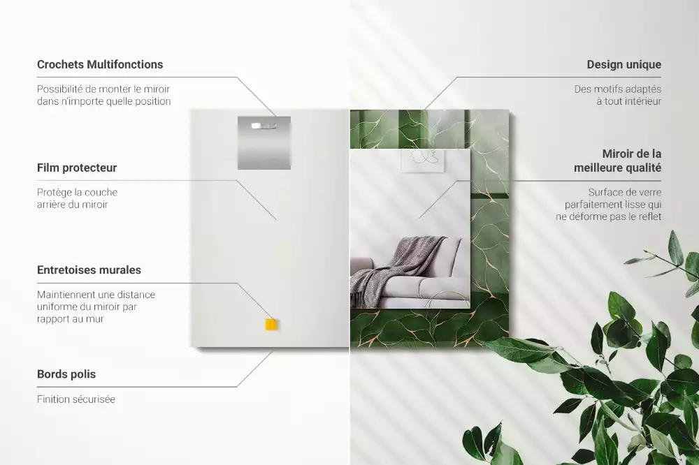 Oglindă dreptunghiulară cu decor cu frunze verzi