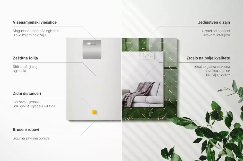 Oglindă dreptunghiulară cu decor cu frunze verzi