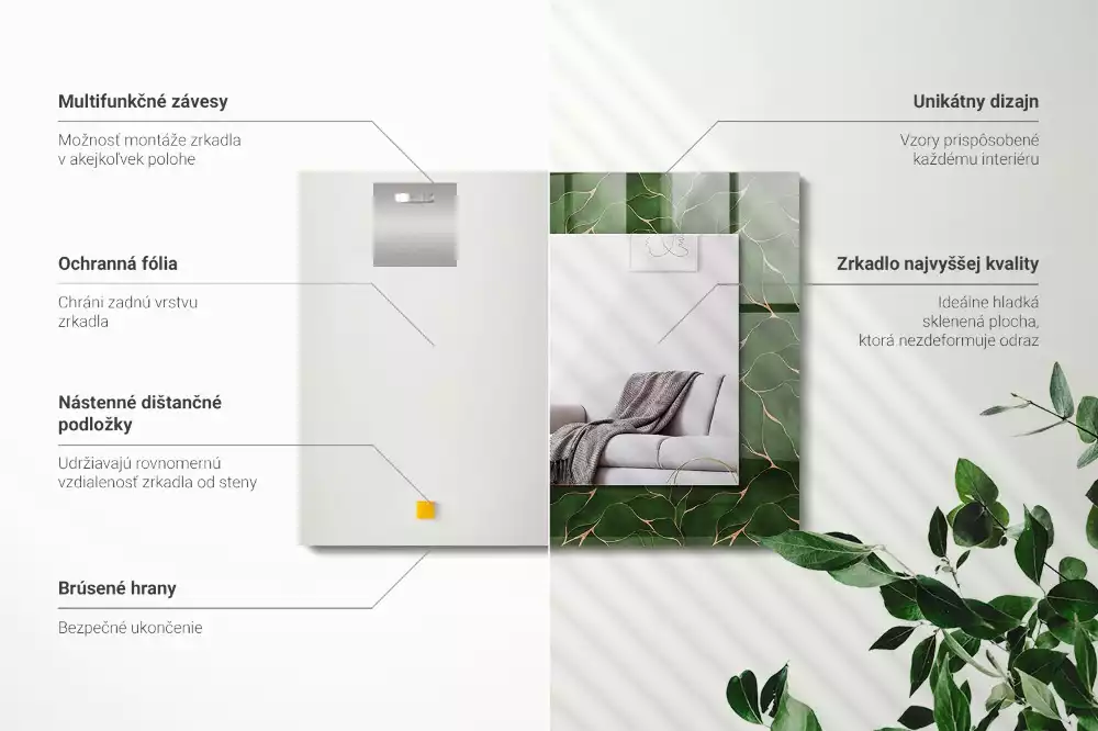 Oglindă dreptunghiulară cu decor cu frunze verzi