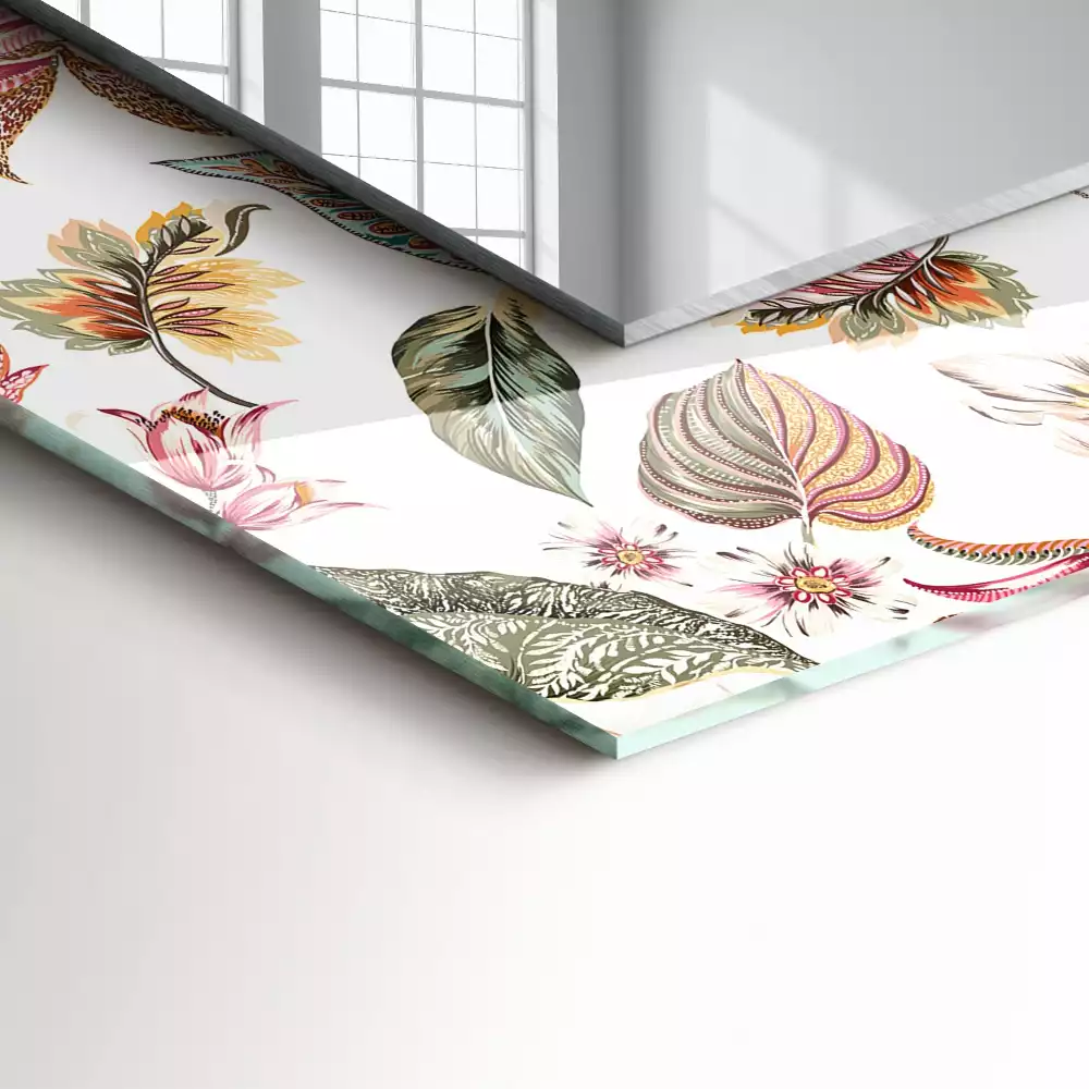 Oglindă decorativă de perete cu design dreptunghiular și model cu flori și frunze