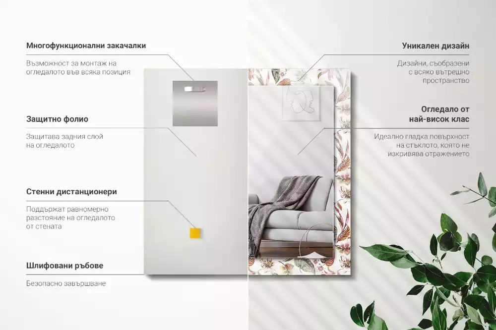 Oglindă decorativă de perete cu design dreptunghiular și model cu flori și frunze
