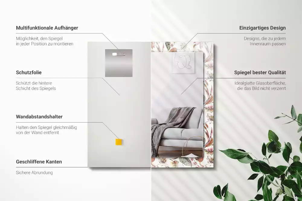 Oglindă decorativă de perete cu design dreptunghiular și model cu flori și frunze