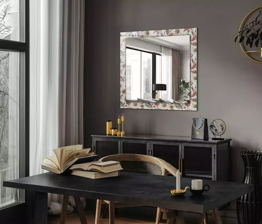 Oglindă decorativă de perete cu design dreptunghiular și model cu flori și frunze