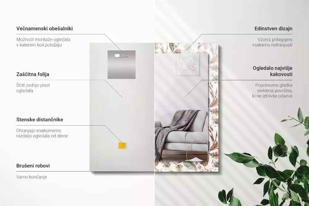 Oglindă decorativă de perete cu design dreptunghiular și model cu flori și frunze