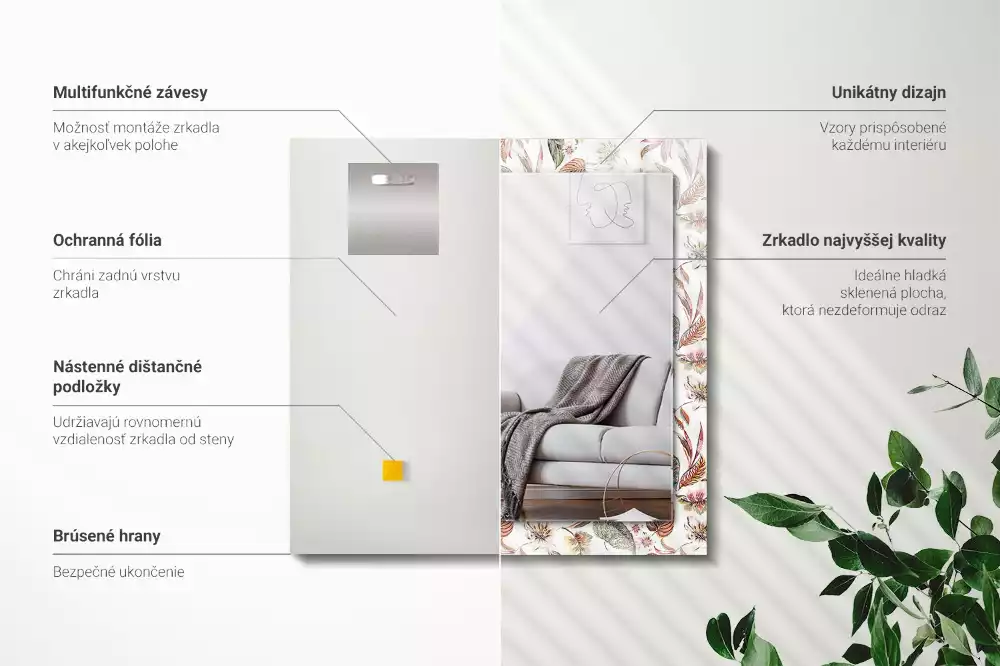 Oglindă decorativă de perete cu design dreptunghiular și model cu flori și frunze