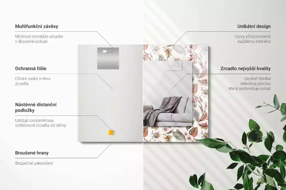 Oglindă decorativă de perete cu design dreptunghiular și model cu flori și frunze