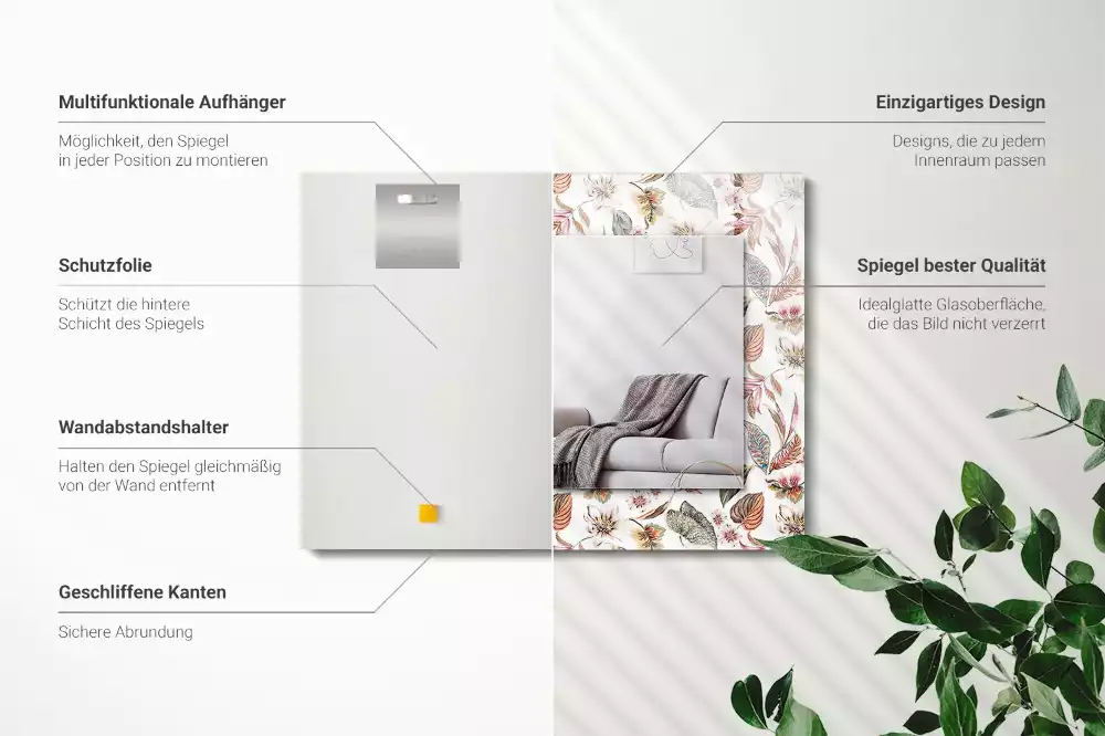 Oglindă decorativă de perete cu design dreptunghiular și model cu flori și frunze