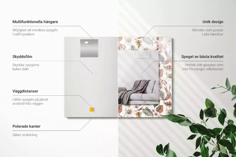 Oglindă decorativă de perete cu design dreptunghiular și model cu flori și frunze
