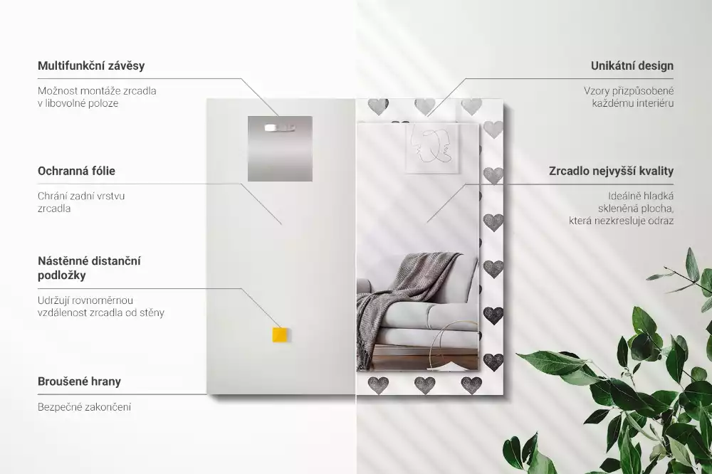Oglindă dreptunghiulară cu model inimă neagră imprimată