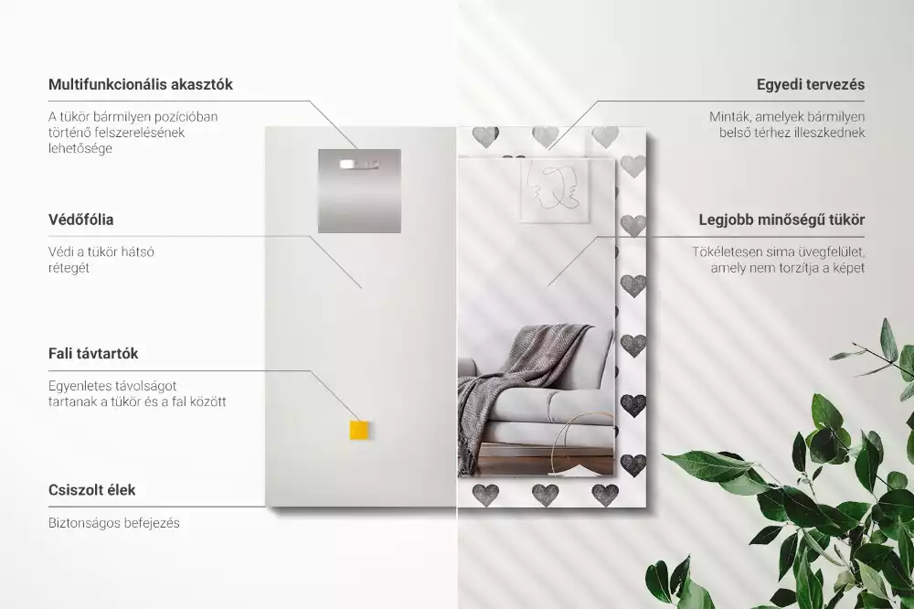 Oglindă dreptunghiulară cu model inimă neagră imprimată