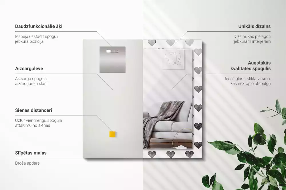 Oglindă dreptunghiulară cu model inimă neagră imprimată