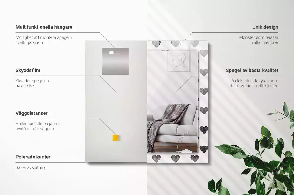 Oglindă dreptunghiulară cu model inimă neagră imprimată