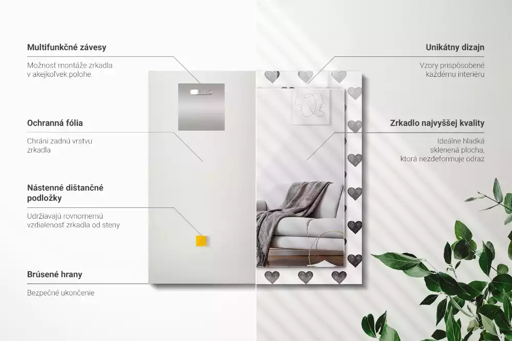 Oglindă dreptunghiulară cu model inimă neagră imprimată