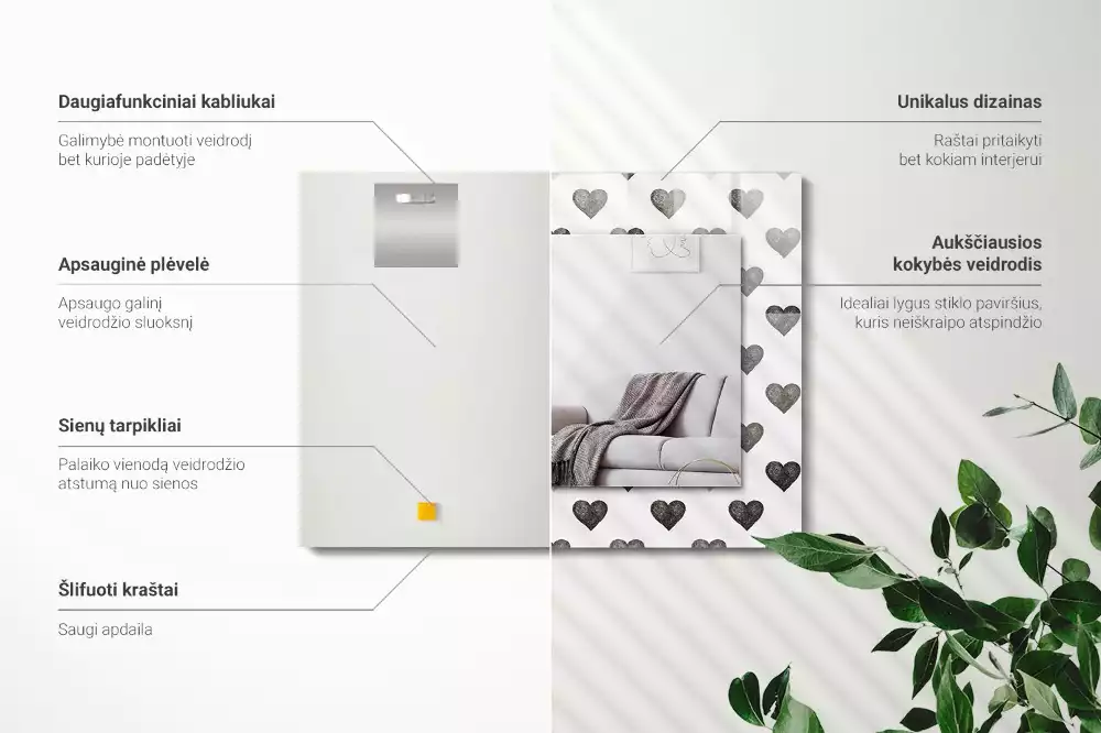 Oglindă dreptunghiulară cu model inimă neagră imprimată