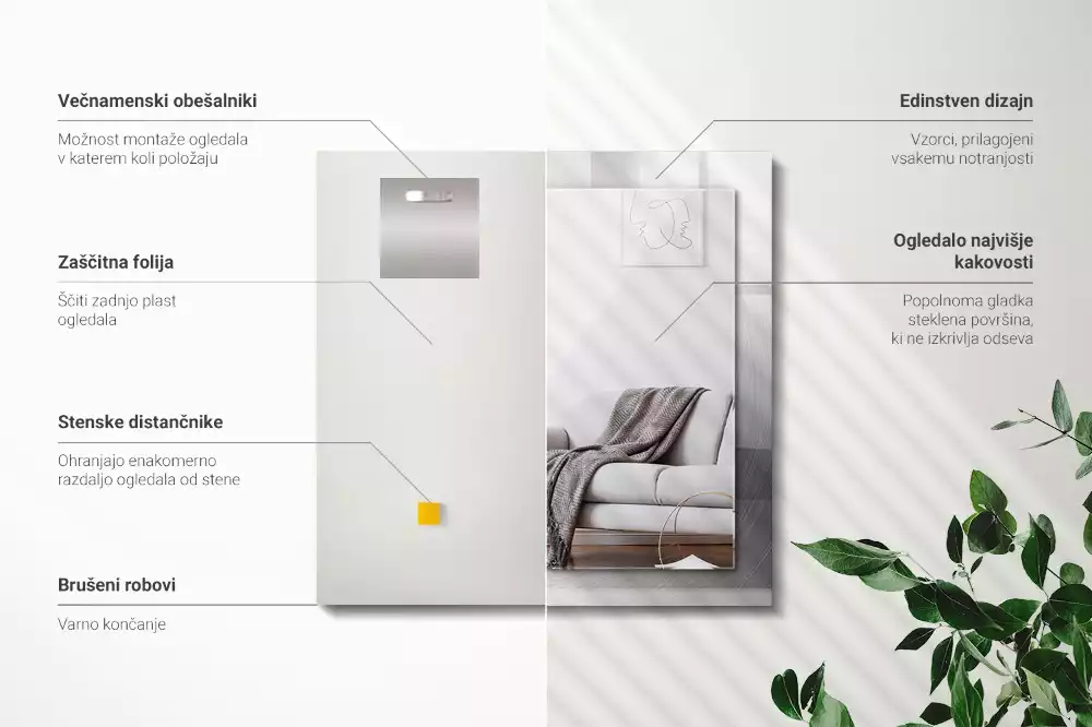 Oglindă dreptunghiulară cu ramă metalică și imprimeu