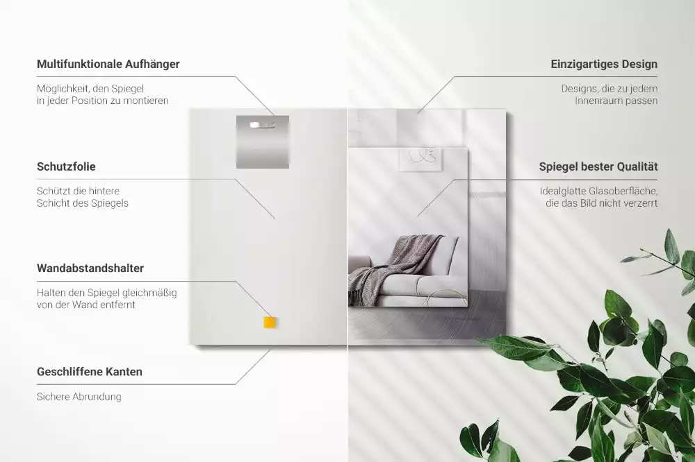 Oglindă dreptunghiulară cu ramă metalică și imprimeu