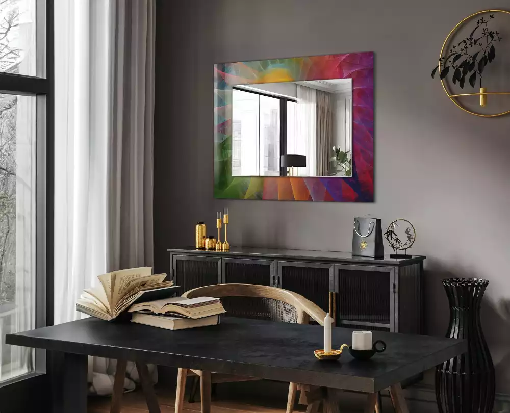 Oglindă dreptunghiulară cu imprimeu spirală abstractă colorată