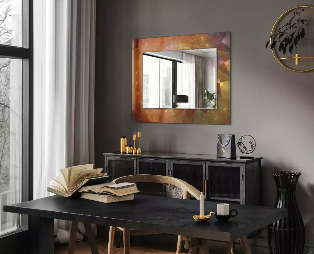 Oglindă dreptunghiulară cu ramă imprimată cu model fractal spiralat multicolor