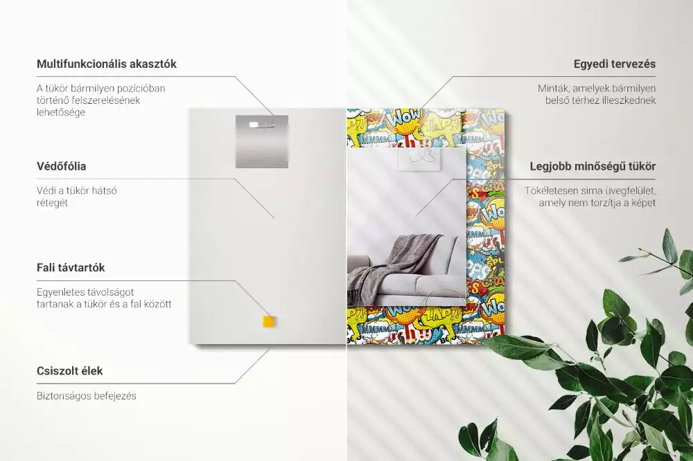 Oglindă dreptunghiulară cu ramă imprimată cu bule de dialog stil benzi desenate colorate