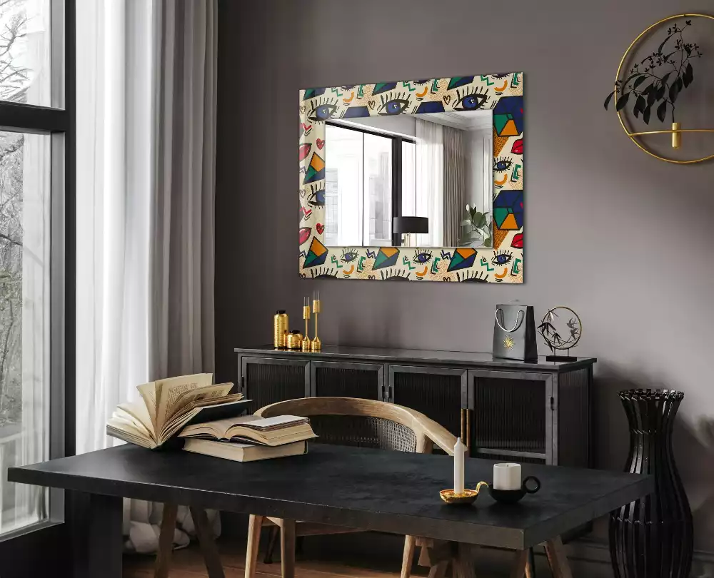 Oglindă decorativă de perete cu design abstract de ochi, gură și forme geometrice