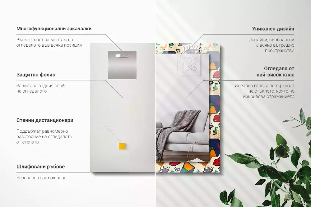 Oglindă decorativă de perete cu design abstract de ochi, gură și forme geometrice