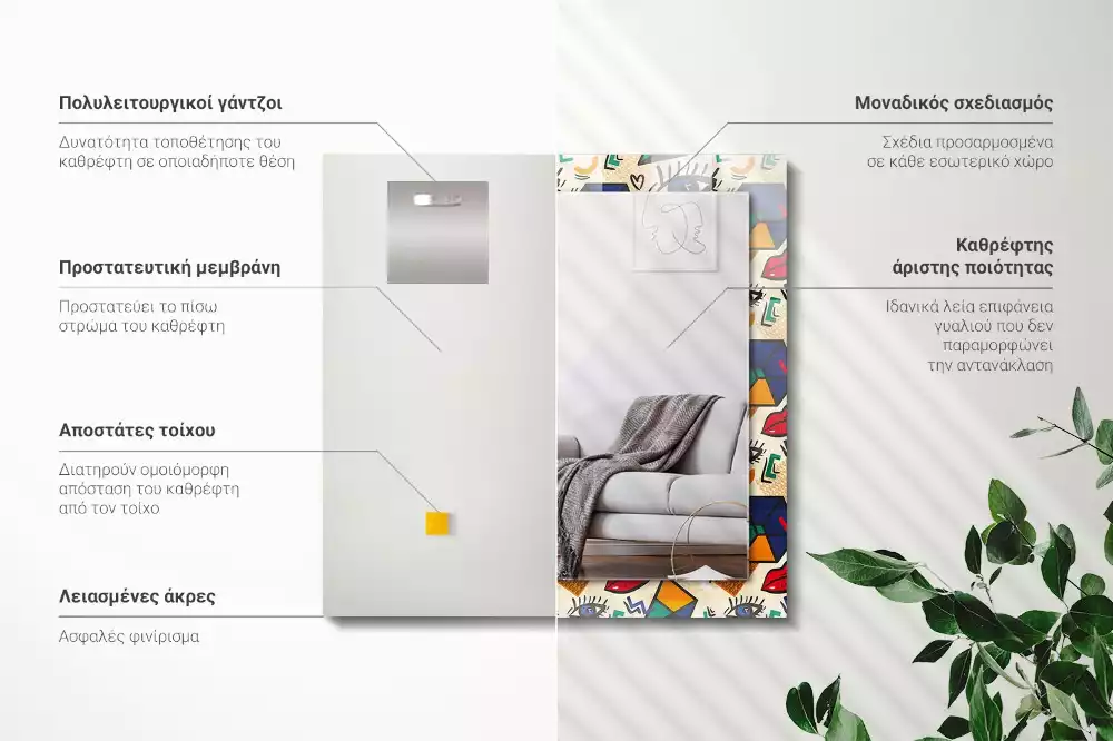 Oglindă decorativă de perete cu design abstract de ochi, gură și forme geometrice