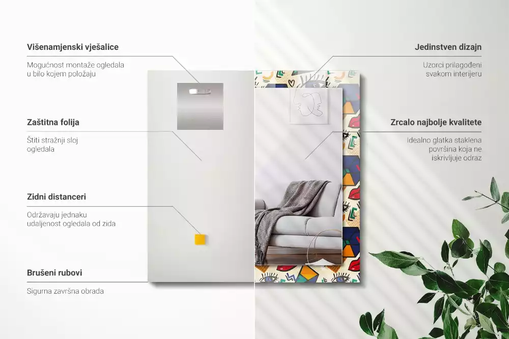 Oglindă decorativă de perete cu design abstract de ochi, gură și forme geometrice