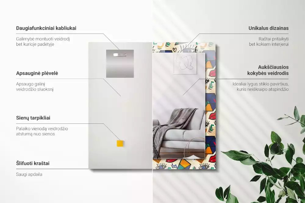 Oglindă decorativă de perete cu design abstract de ochi, gură și forme geometrice