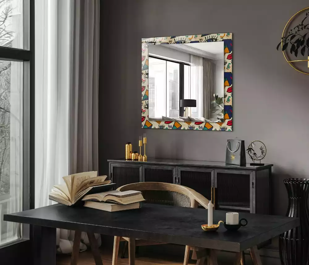 Oglindă decorativă de perete cu design abstract de ochi, gură și forme geometrice