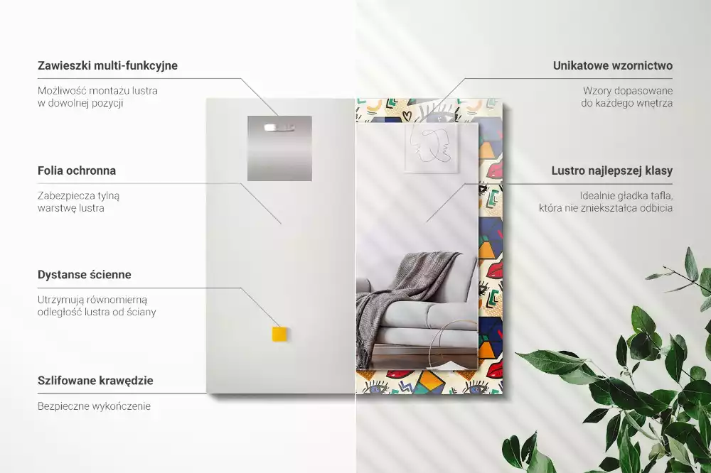 Oglindă decorativă de perete cu design abstract de ochi, gură și forme geometrice