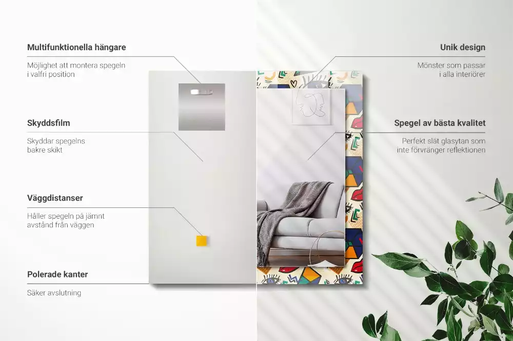 Oglindă decorativă de perete cu design abstract de ochi, gură și forme geometrice