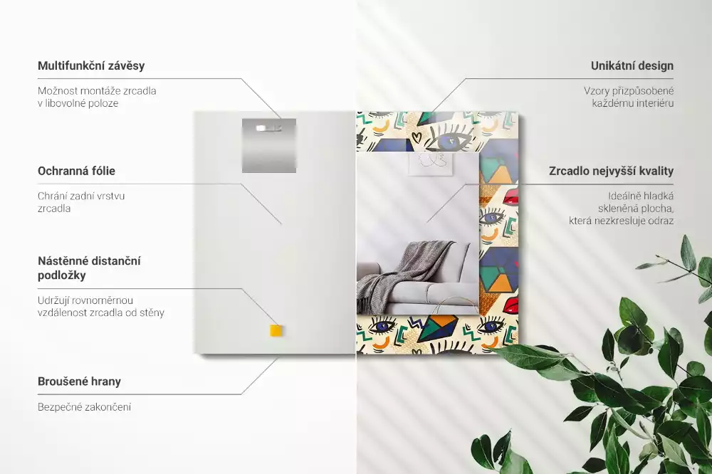 Oglindă decorativă de perete cu design abstract de ochi, gură și forme geometrice