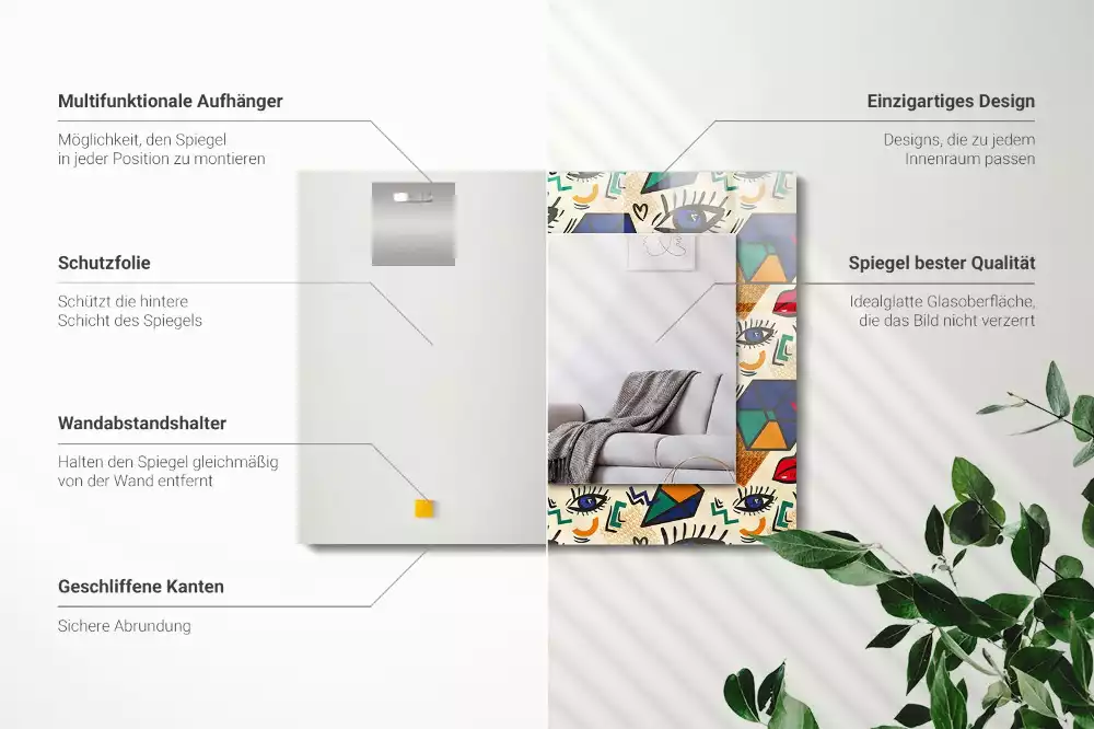 Oglindă decorativă de perete cu design abstract de ochi, gură și forme geometrice