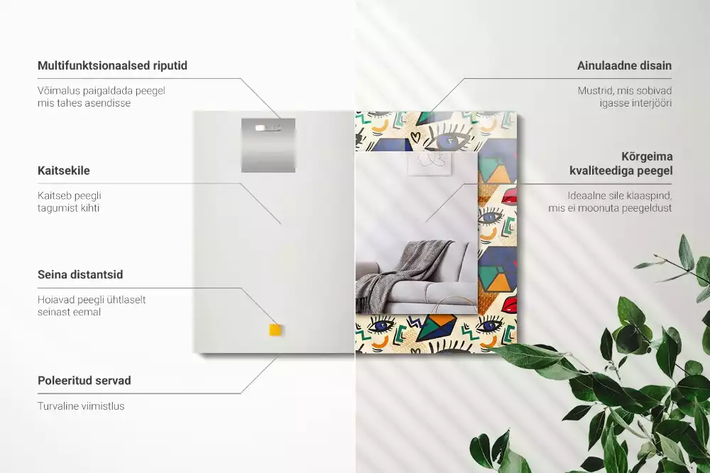 Oglindă decorativă de perete cu design abstract de ochi, gură și forme geometrice