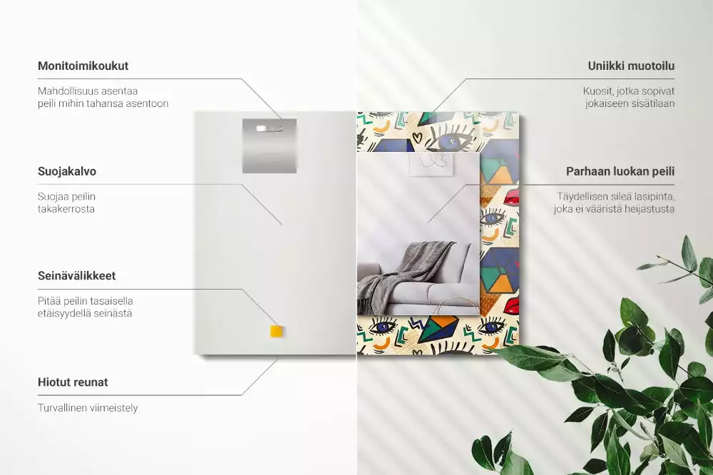 Oglindă decorativă de perete cu design abstract de ochi, gură și forme geometrice